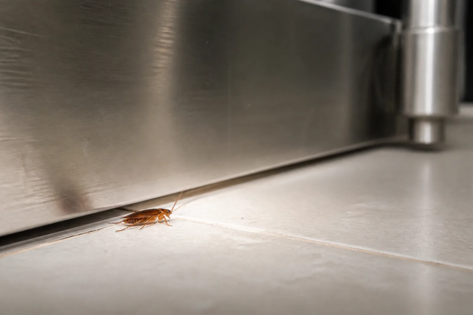 Cucaracha alemana junto al zócalo de una cocina profesional