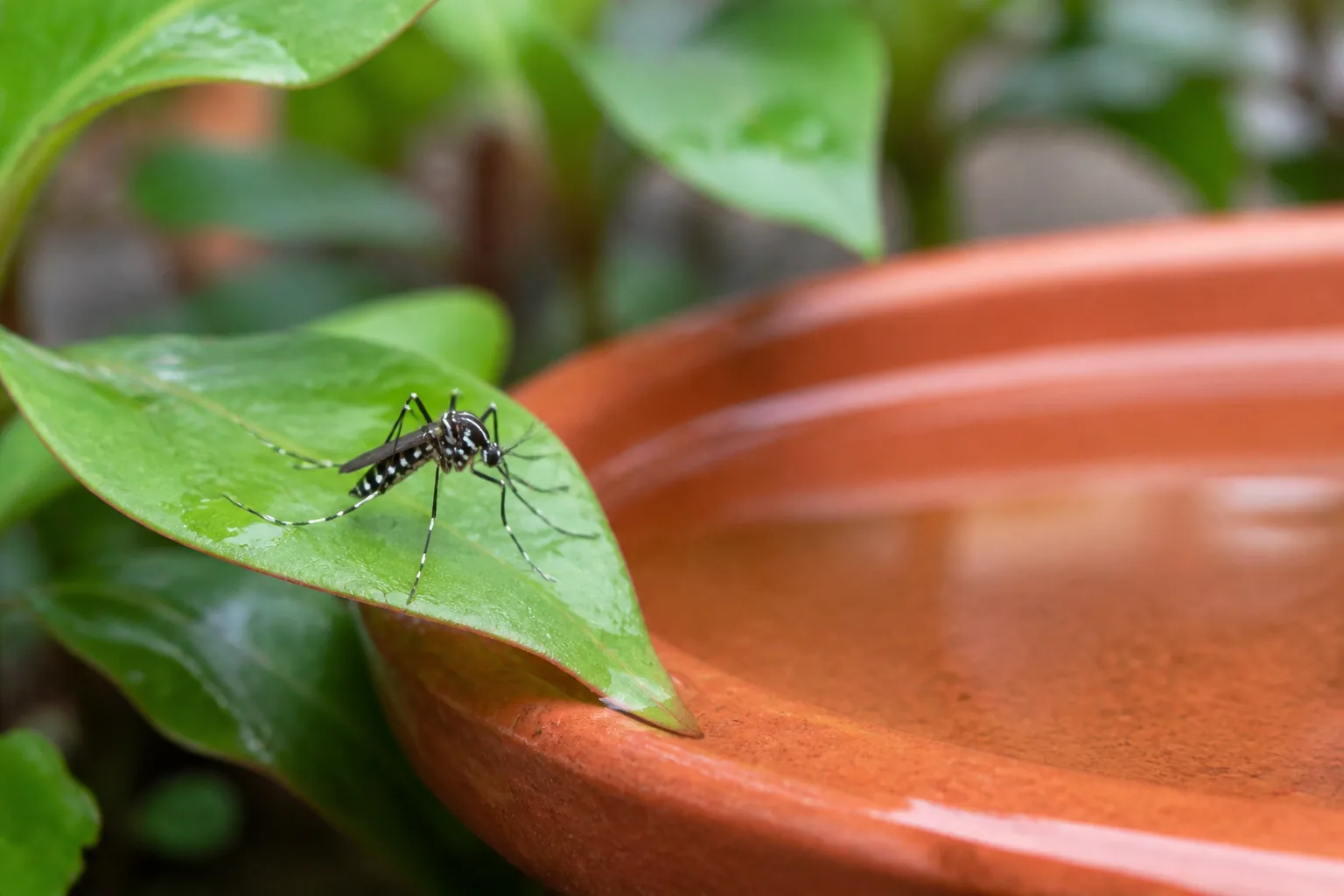 Mosquito tigre sobre una hoja junto a un recipiente con agua