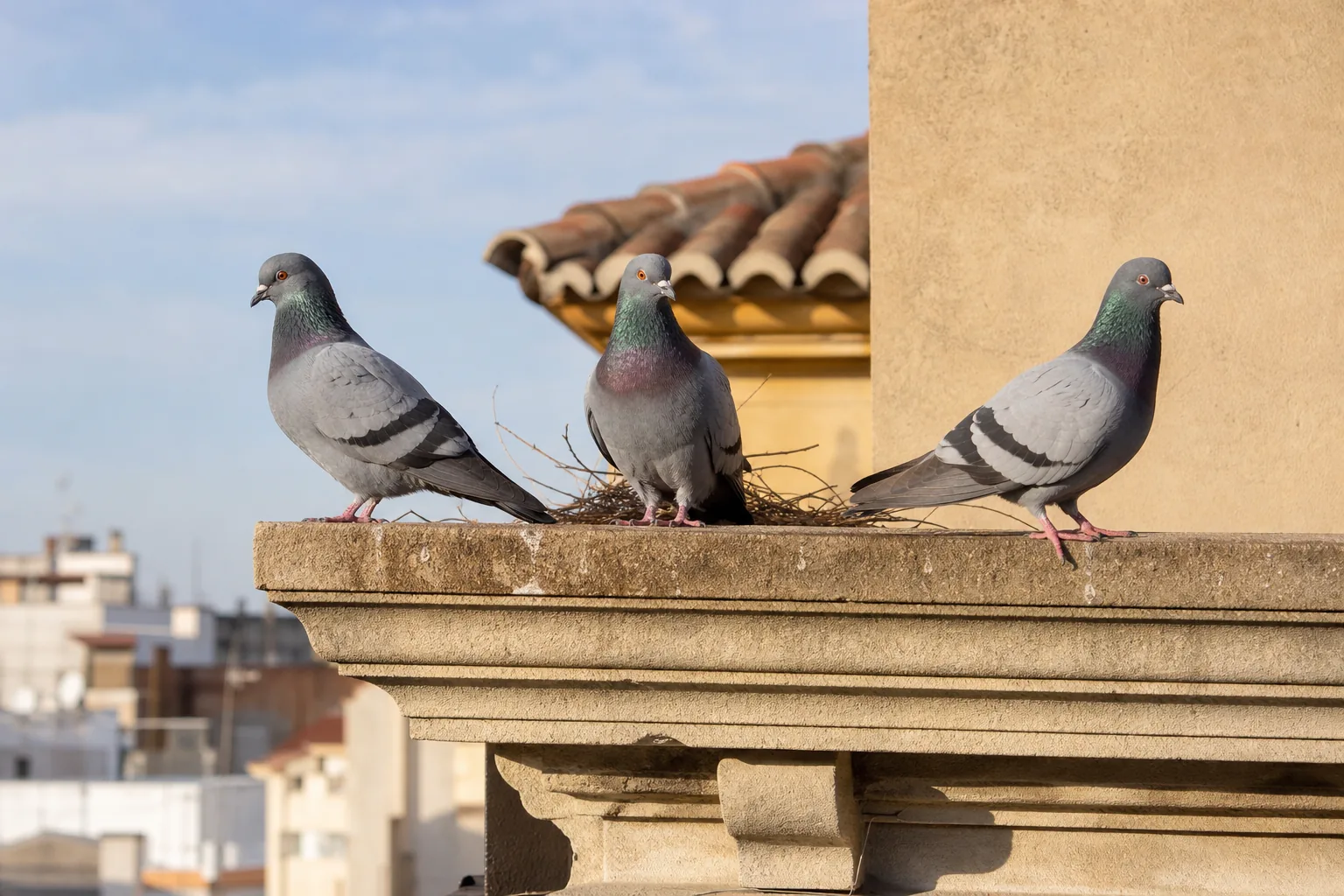 Palomas urbanas posadas y anidando en la cornisa de un edificio
