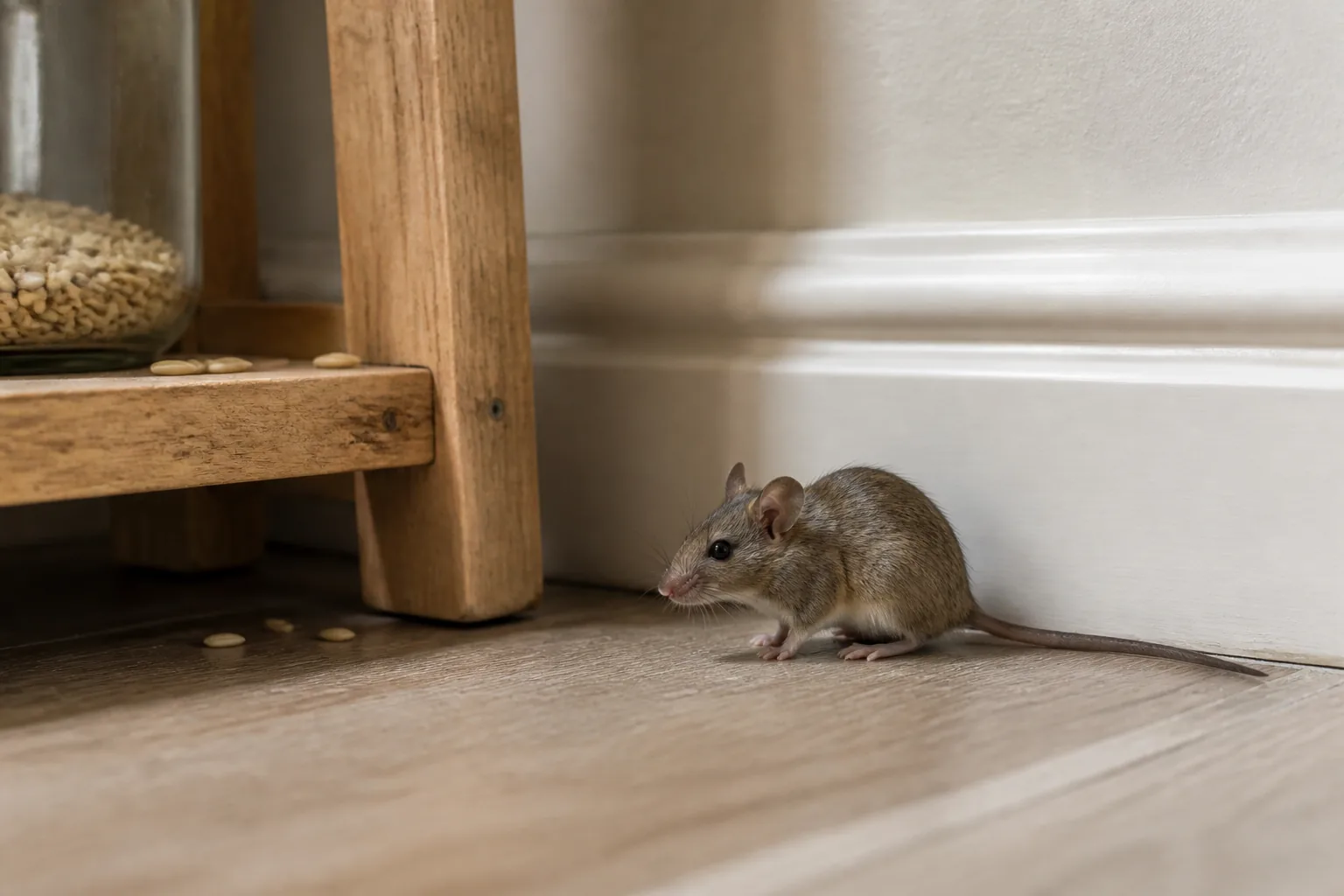 Ratón doméstico junto al rodapié de una despensa